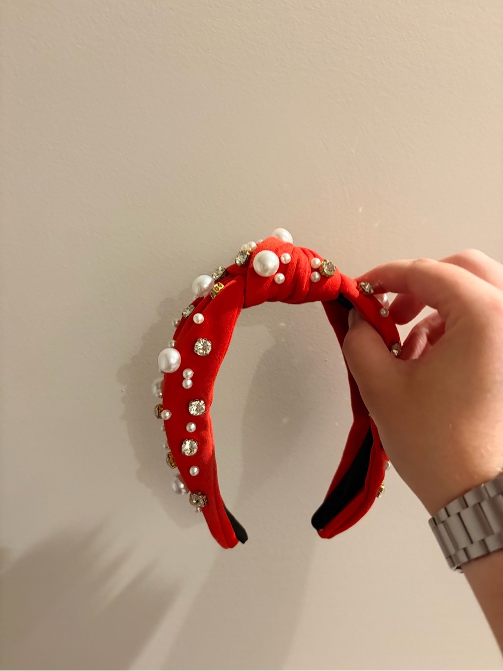 Red Knotted Pearl & Crystal Embellished Headband